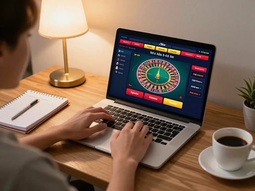 Player enjoying hitclub online casino game with laptop in cozy home setting