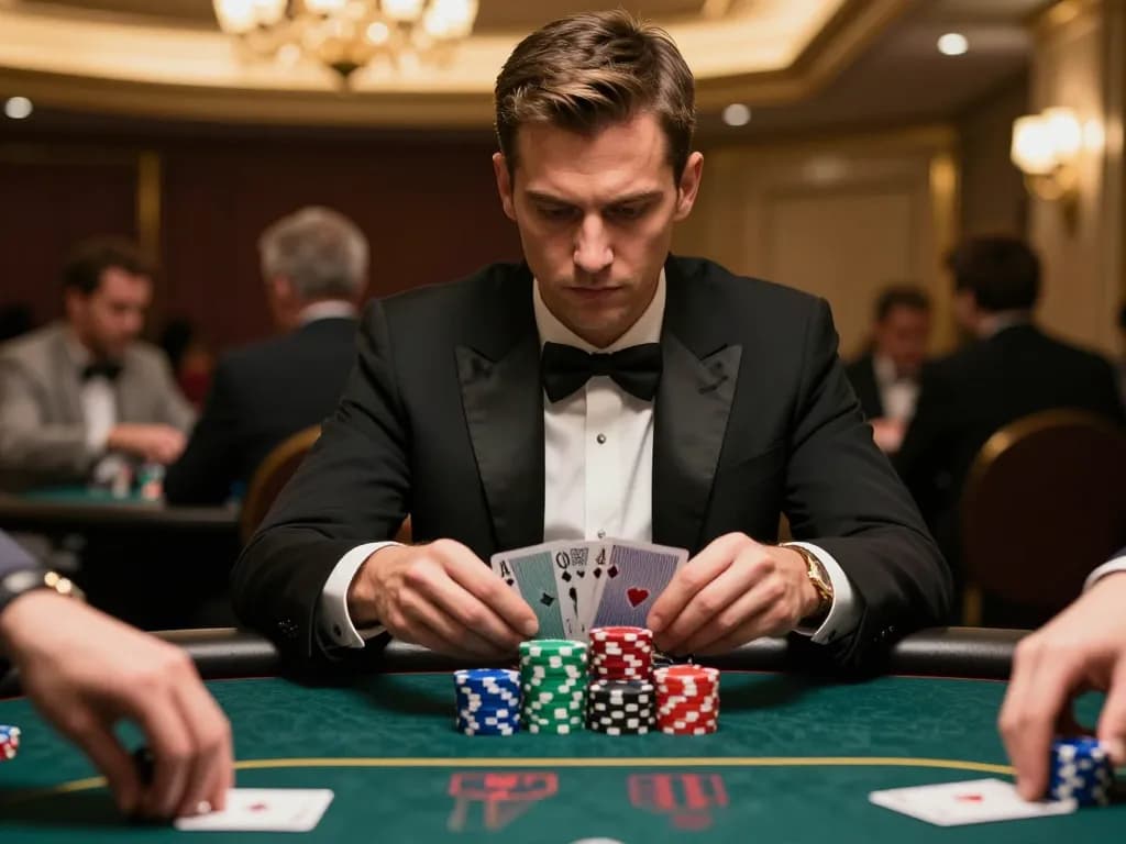 Player strategizing at a GEMWIN poker table with vibrant chips and warm casino lighting.