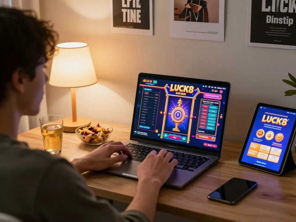 Người chơi tận hưởng những trò chơi LUCK8 đầy màu sắc trên một thiết lập chơi game thoải mái tại nhà trong lúc thư giãn.