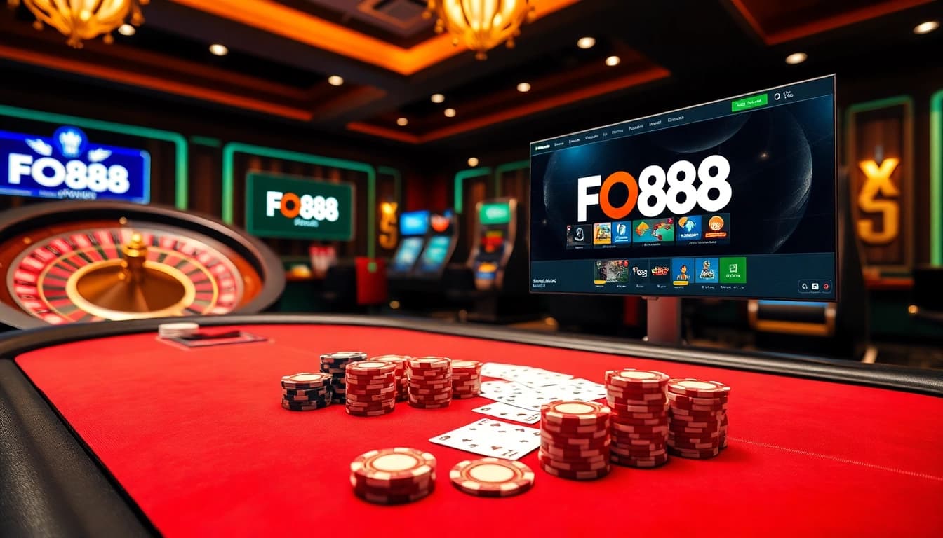 Experience the excitement of FO88 with a luxurious casino scene featuring high-stakes poker and vibrant slot machines.