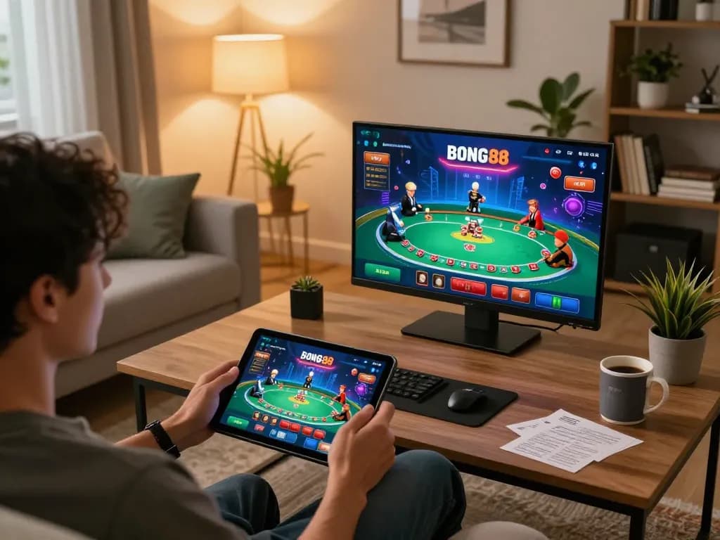 Engaging in strategic gameplay using the bong88 app during a relaxed session at home.