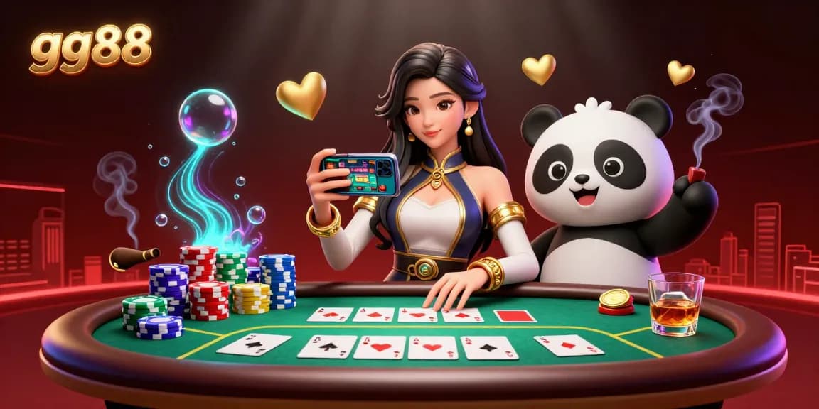 Experience thrilling casino gaming with gg88 as a woman showcases a game on her smartphone alongside a golden panda.