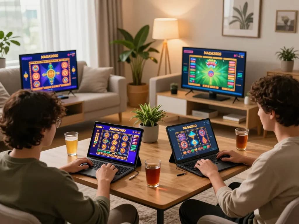 NAGA2000 players enjoying slot games in a cozy home environment with laptops and tablets.