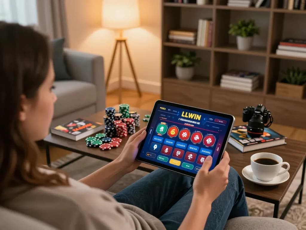 Player navigating LLWIN online casino on tablet, featuring engaging games and strategies