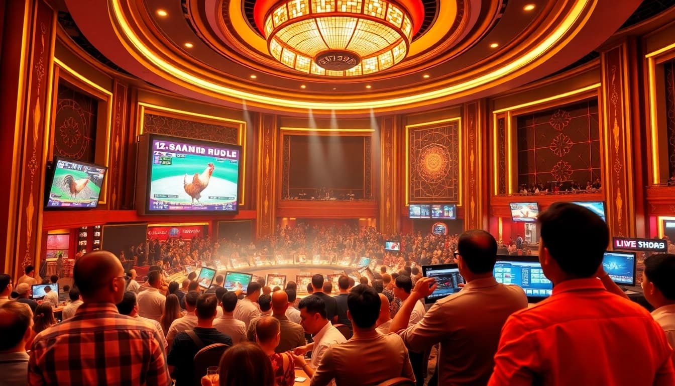 Engage in sv388 trực tiếp đá gà with an exciting live cockfighting atmosphere filled with betting activities.