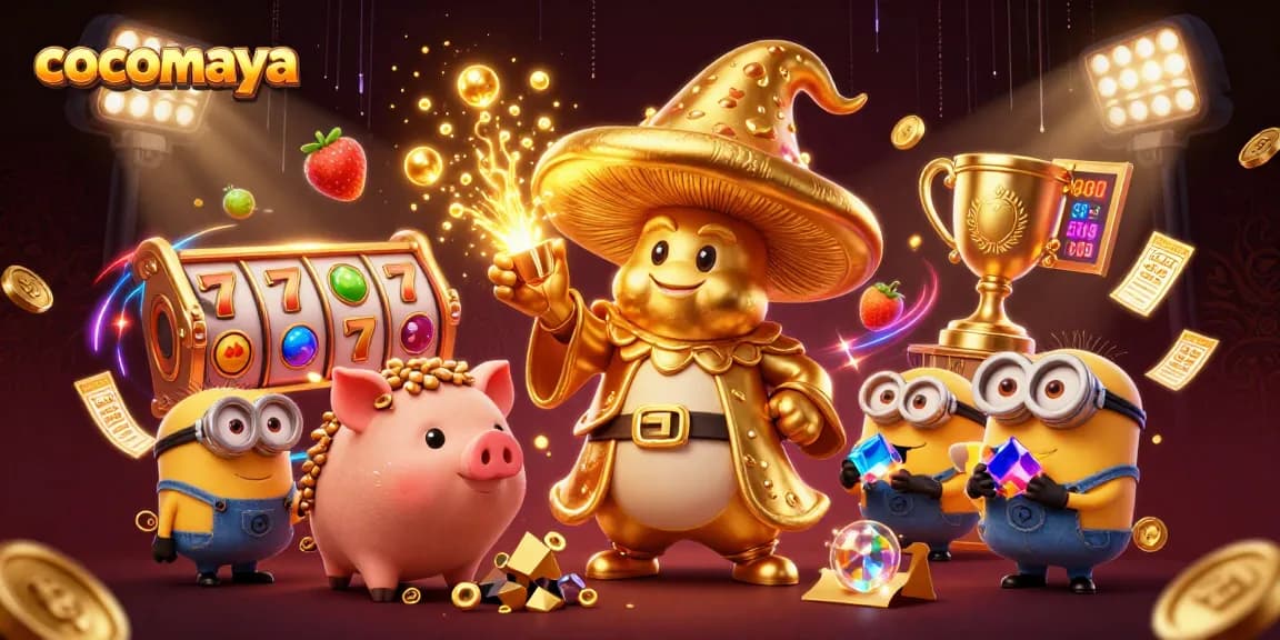 Cocomaya showcases a vibrant 3D scene of a golden mushroom wizard and treasure-finding pig amidst slot game elements.