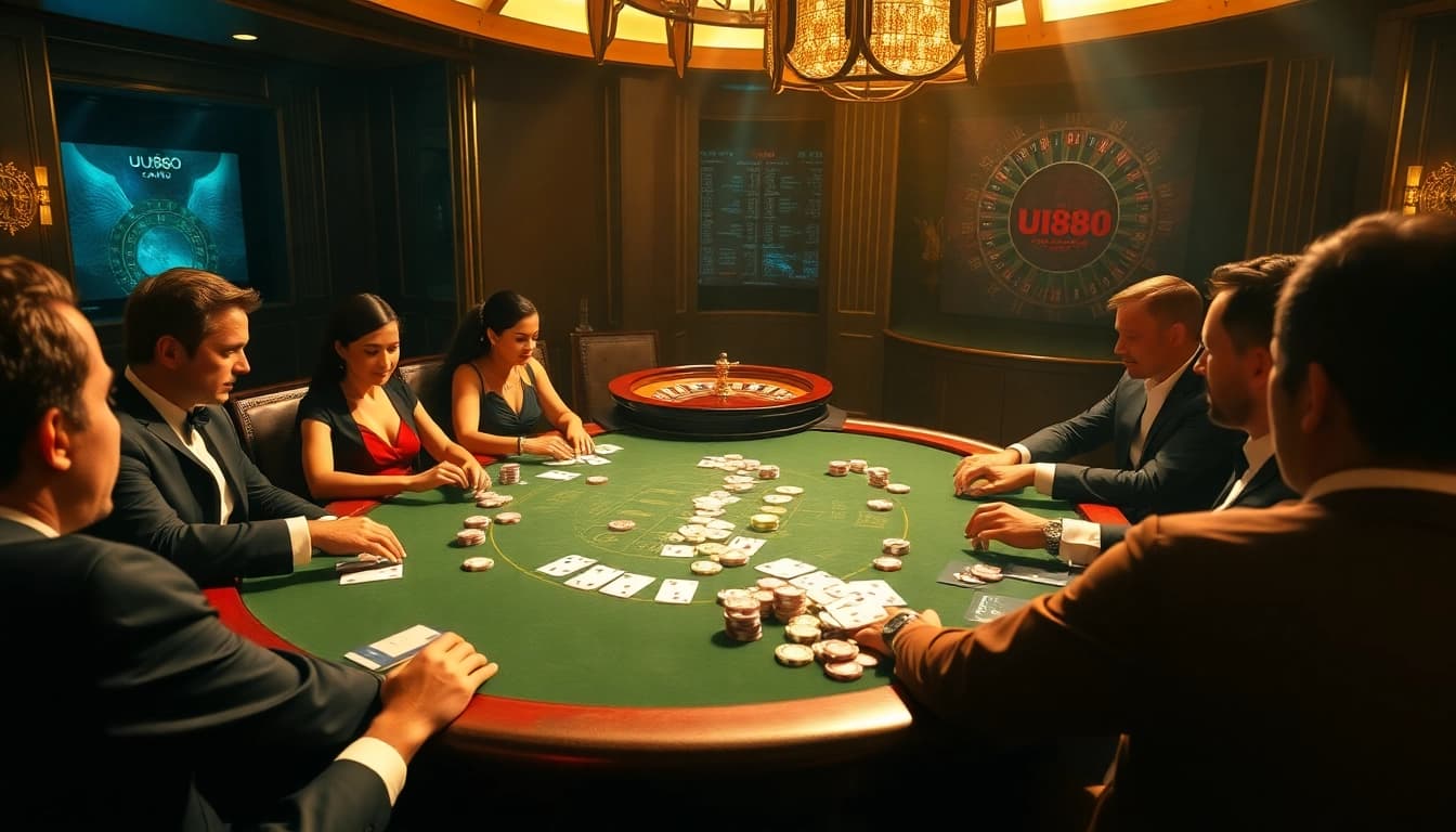 Crypto betting strategies with UU88 poker table and chips in an upscale casino setting.
