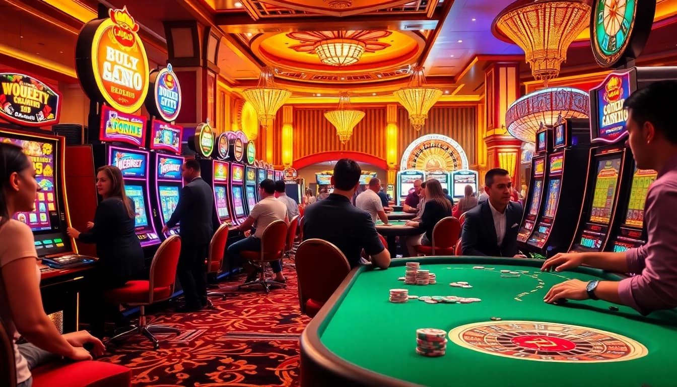 Pemain menikmati pengalaman mesin slot yang mendebarkan di lingkungan kasino yang mewah.