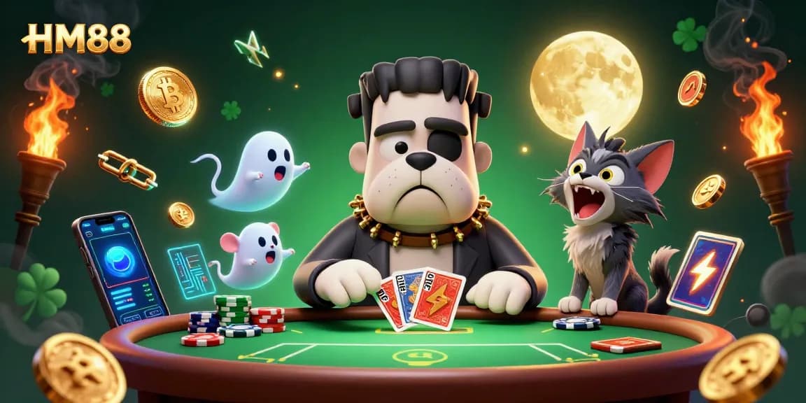 Win big at HM88 poker with a lively scene featuring a Frankenstein monster dealer, ghost mouse, and werewolf kitten.