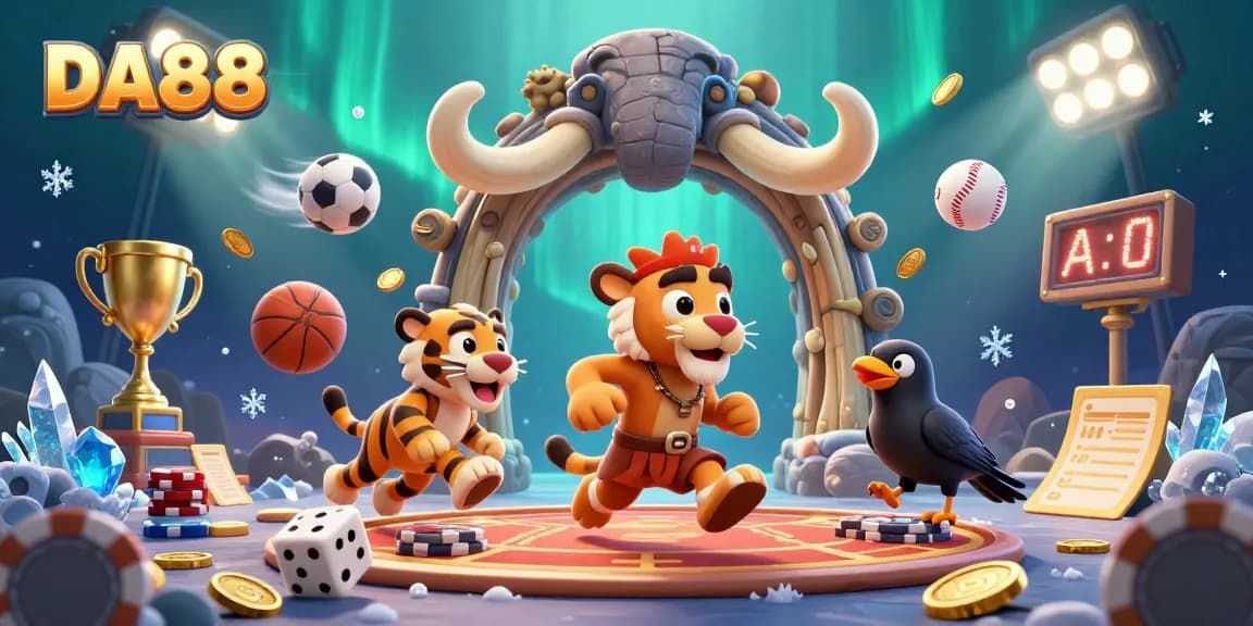 Engage with DA88 through a vibrant scene depicting a cartoon caveman casino with sports elements and dynamic characters.