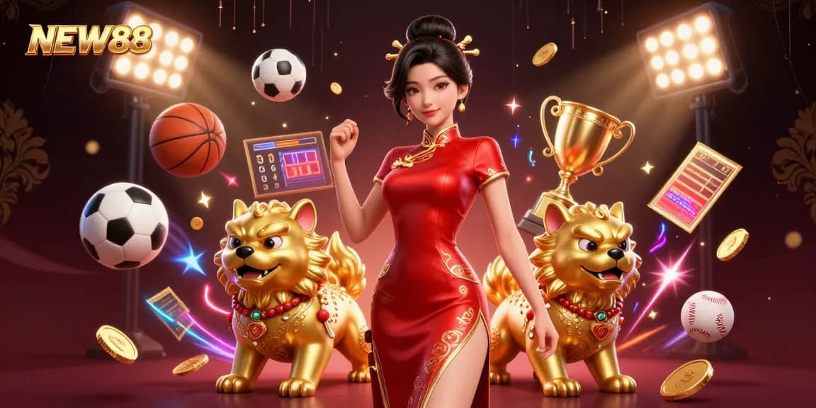 Experience the excitement of NEW88 with a glamorous Asian woman and golden foo dog guardians in a dynamic casino scene.