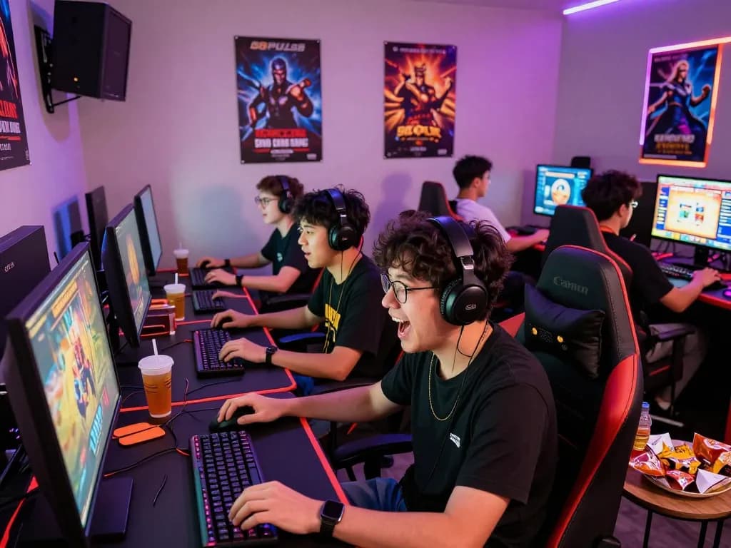 Engaged players experiencing thrilling online gambling at 88pulsa, surrounded by vibrant gaming decor.