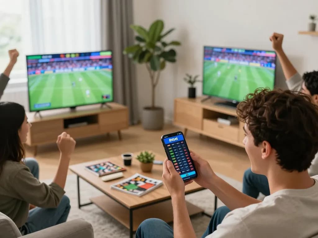 Engaging with the 8xbet app for thrilling sports betting, showcasing excitement in a cozy living room.