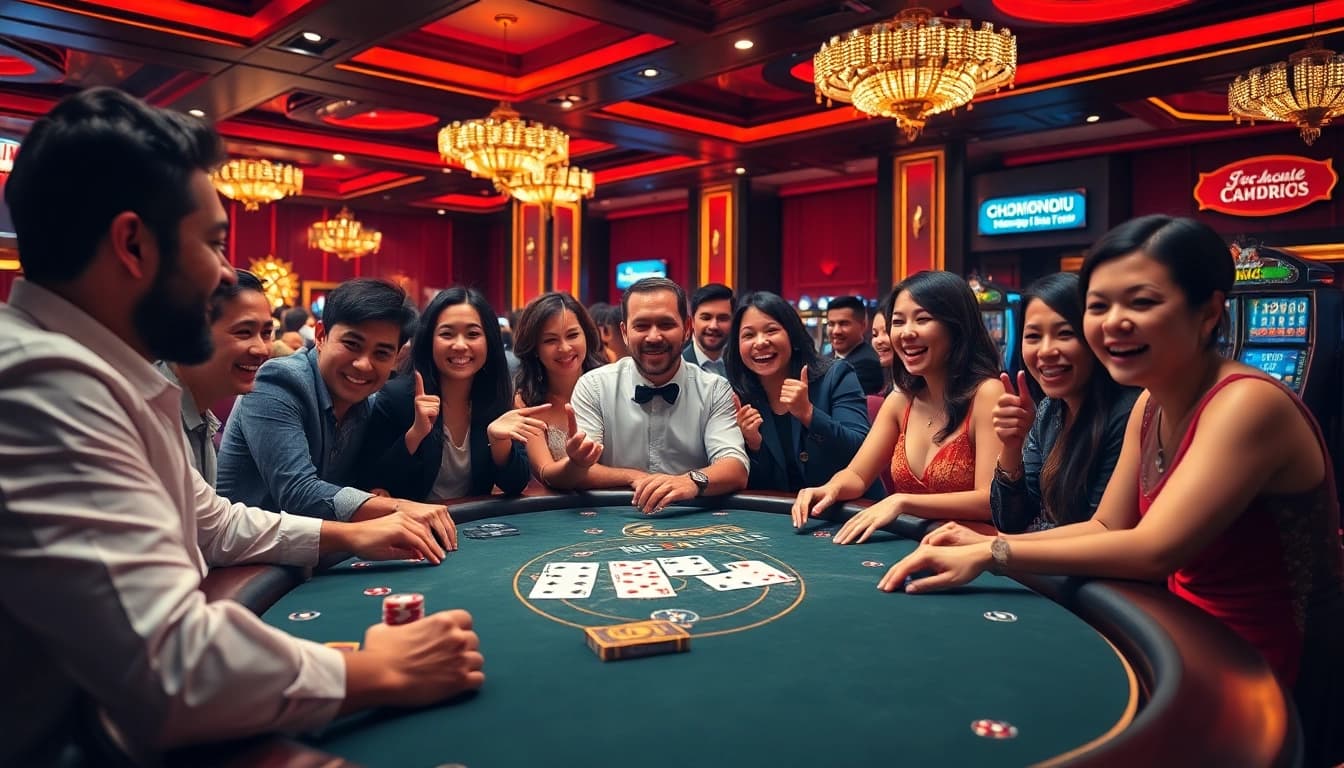 Excited players enjoying a high-stakes game of Dominoqiu poker in a luxurious casino setting.