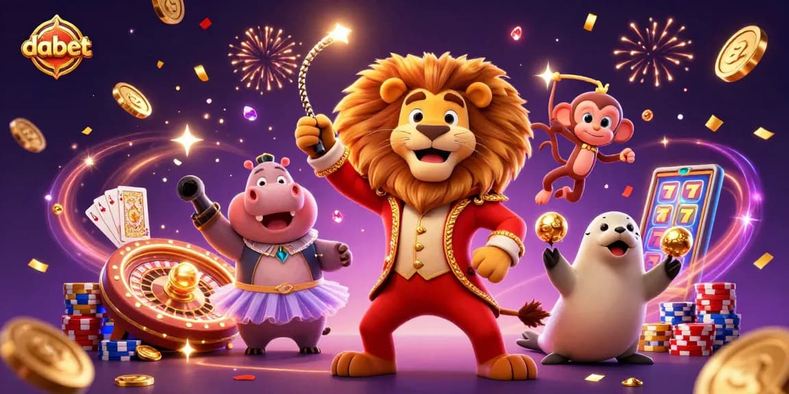 Engage with dabet's lively game scene featuring a circus lion, hippo, monkey, and seal in a glittering casino setting.