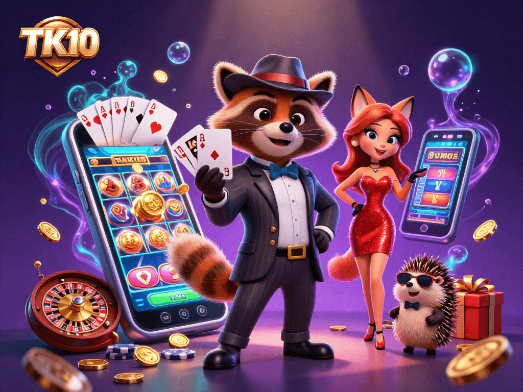Experience the thrill of winning with TK10's vibrant casino scene featuring exciting games and characters.
