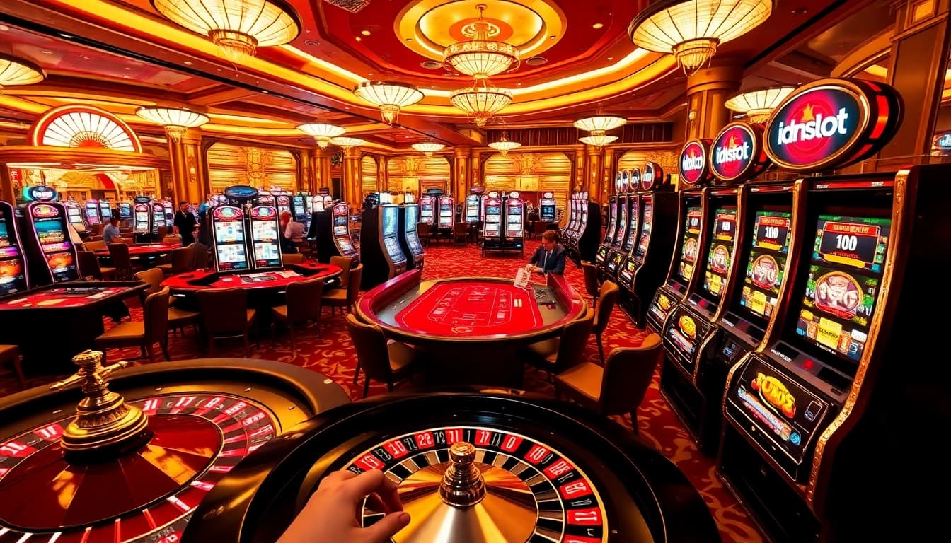 Experience the vibrant excitement of idnslot with players at a lively casino showcasing roulette, poker, and glowing slot machines.