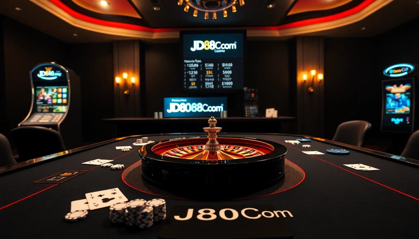 Thưởng thức một ván chơi tại casino JD88.Com với chip poker, bài và vòng quay roulette.