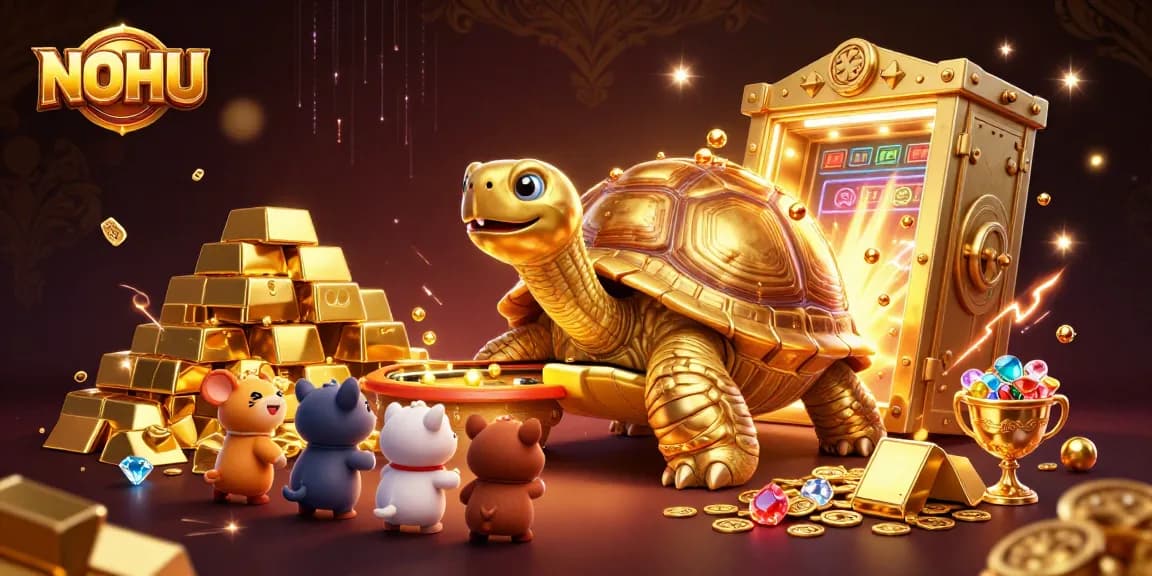 NOHU showcases a colossal golden tortoise pinball machine surrounded by vibrant casino elements