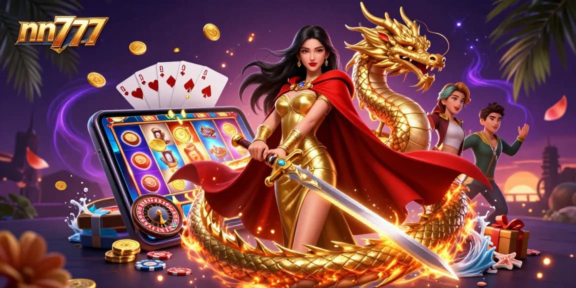 nn777's stunning casino scene features a warrior queen, golden dragon, and dynamic gaming elements.