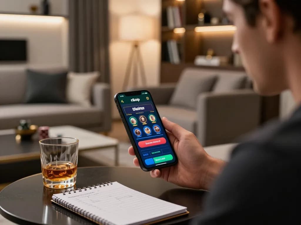 Engaging in the rikvip online casino using a smartphone for betting strategies in a luxurious home setting