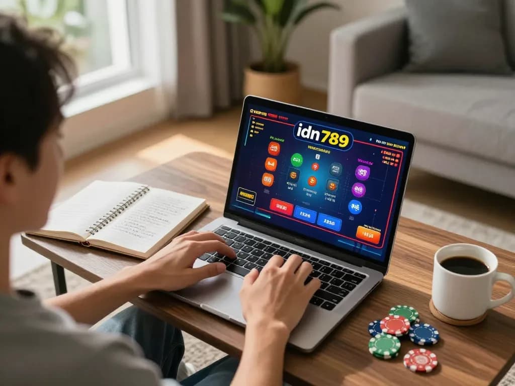 Orang yang dengan antusias terlibat dalam permainan kasino online idn789 di laptop di lingkungan ruang tamu yang nyaman