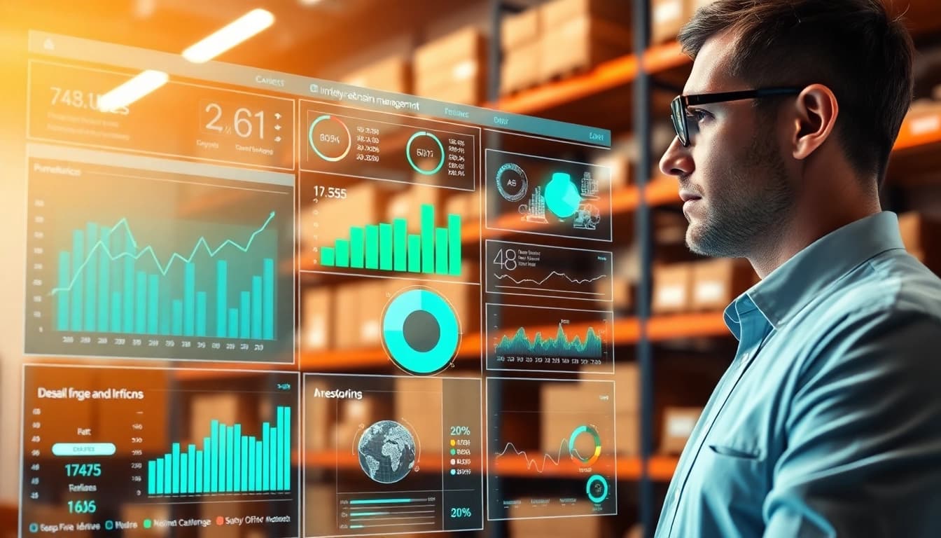 Engaging scene of AI supply chain management with a data analyst using a futuristic dashboard interface.