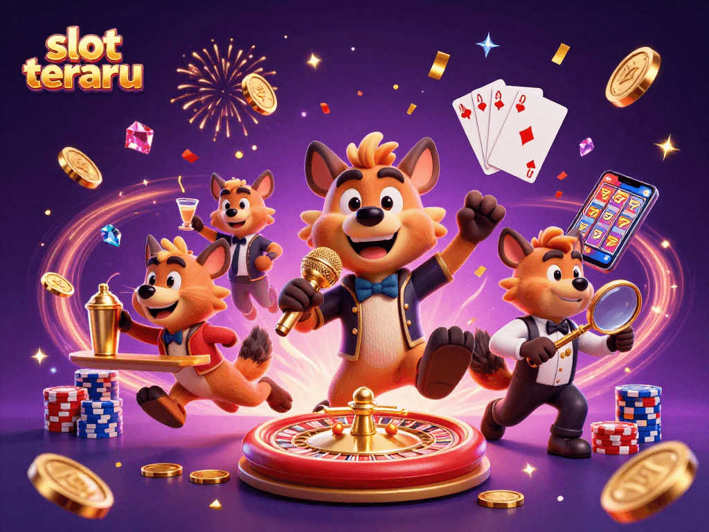 Experience the thrill of slot terbaru with this lively 3D casino scene featuring humorous hyenas and interactive gaming elements.