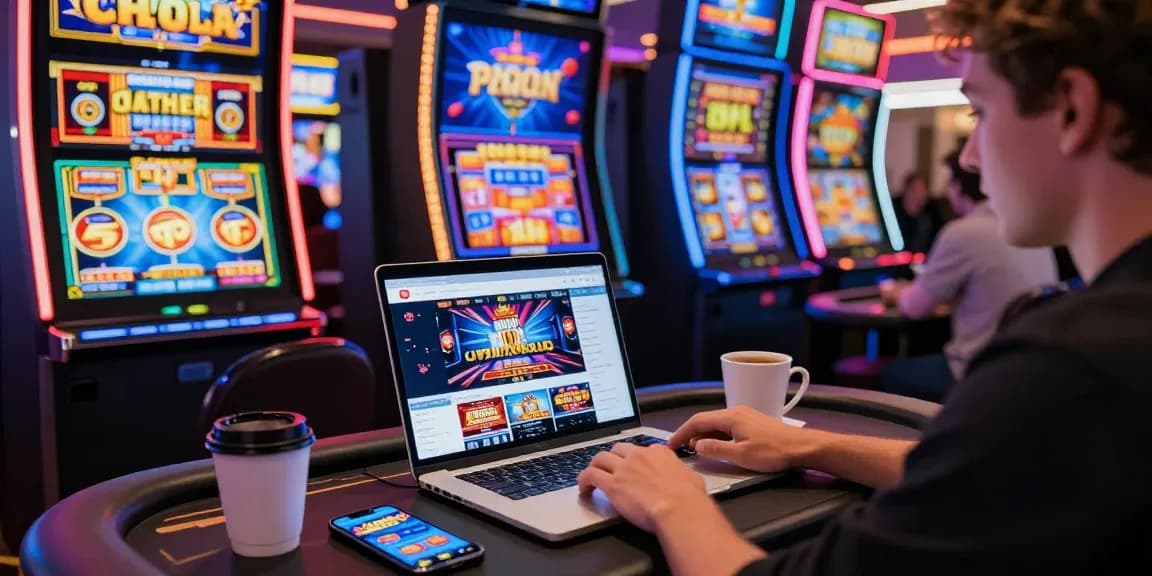 Engaged player exploring new online casinos with vibrant slot machines and live gaming options.