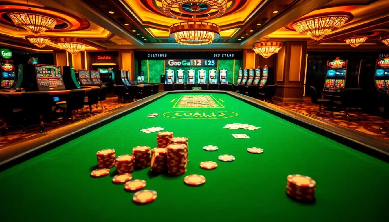 Experience the thrill of gambling at Goal123 with a vibrant casino scene showcasing roulette wheels and poker chips.
