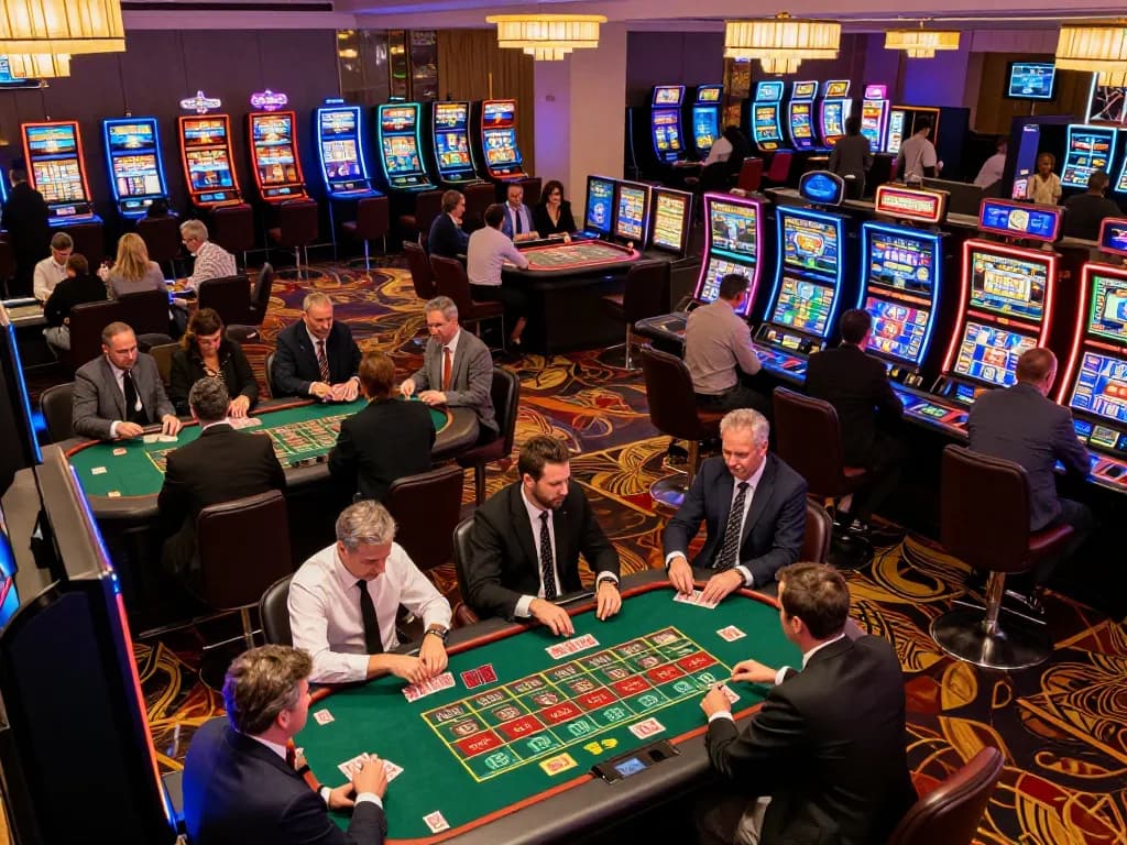 Exciting scene at a non uk casino with players engaging at tables and vibrant slot machines.