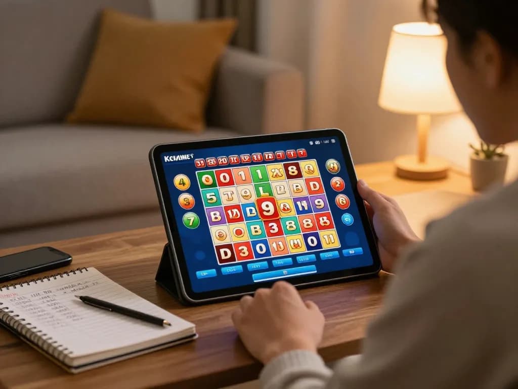 Engaging online Keno gameplay on a tablet at home, featuring bgd33 lottery interface and strategic notes.