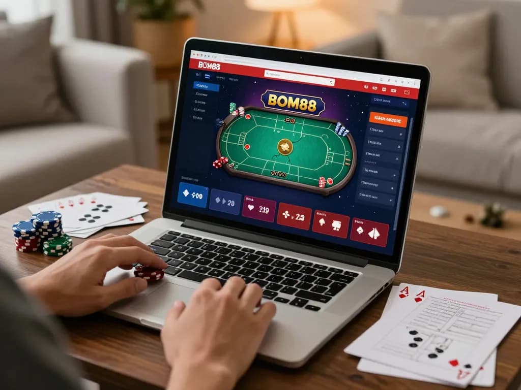 Sesi permainan online BOM88 menampilkan antarmuka poker yang cerah, pemain merumuskan strategi taruhan mereka.