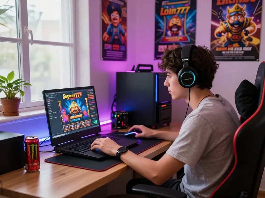 Player engaged with slot gacor 777 game interface, gaming accessories surrounding in vibrant room.