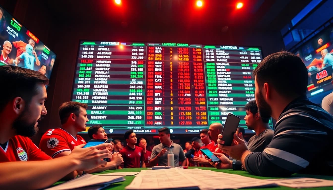 Exciting football betting atmosphere at https://keonhacai.gold/ with live odds and fans engaged.