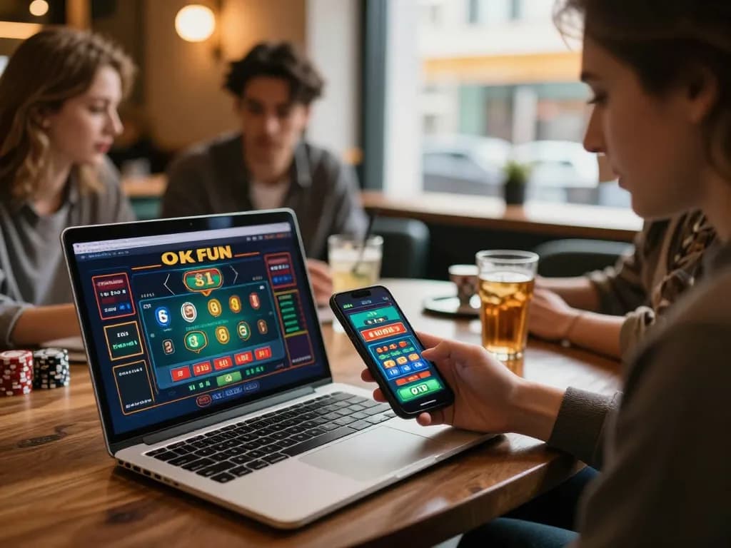 Enjoying thrilling gameplay with OKFUN's casino app on a smartphone while seated in a cozy café.