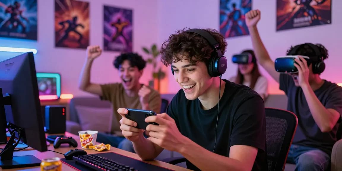 Exciting gaming scene with a player engaged on https://663bet.com.pk/ surrounded by friends in a vibrant atmosphere.