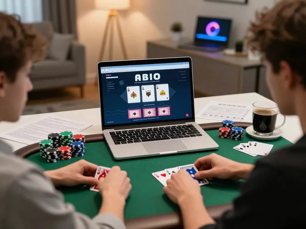 UU88 player strategizing in an online poker session, focused on cards and chips in a cozy home office.