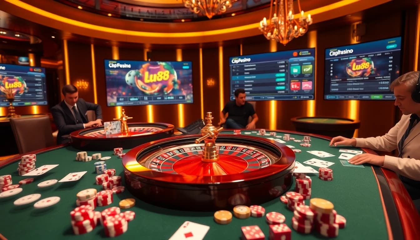 Experience the excitement of gambling at lu88 with a luxurious casino scene featuring poker chips and a roulette wheel.