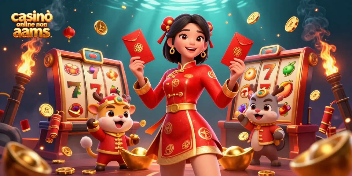 Gioca e vinci ai casinò online non aams con un'illustrazione vibrante di slot ispirate all'Asia che presenta simboli fortunati.