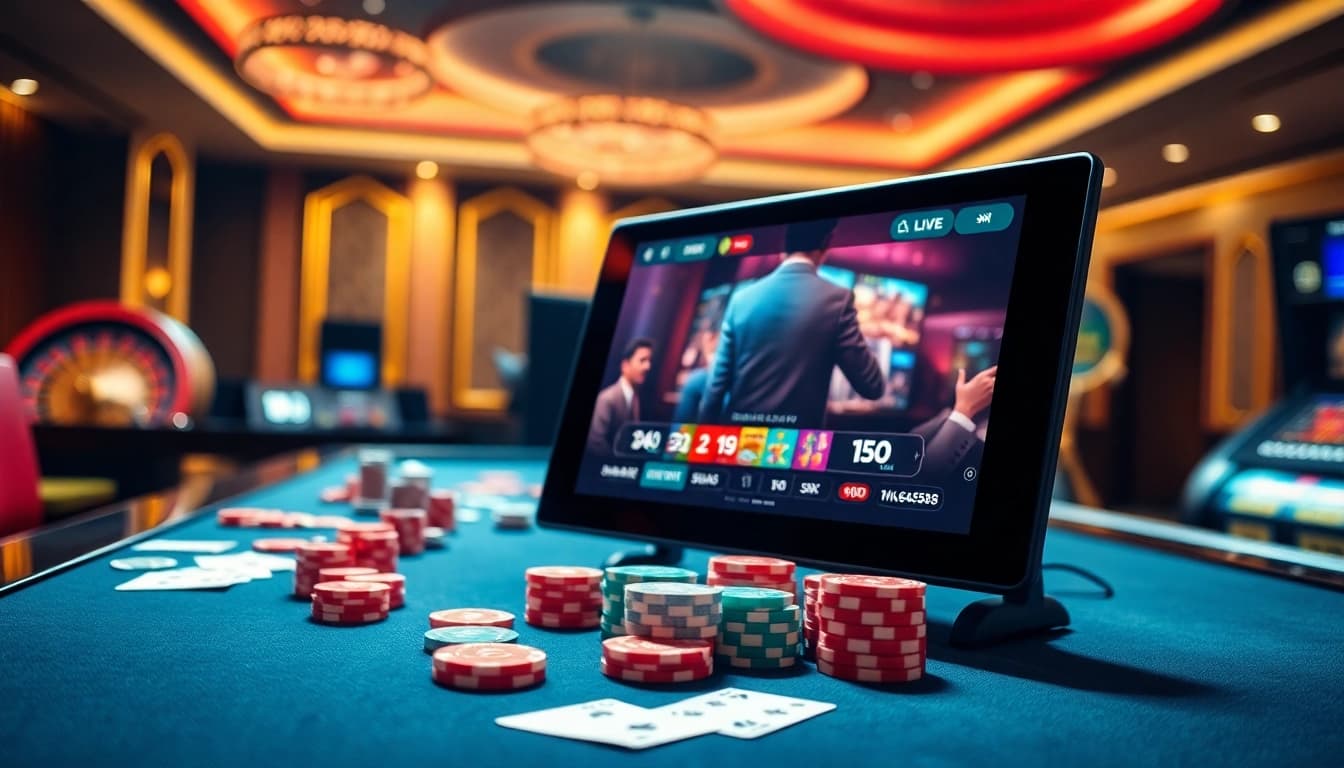 Engage with kinggaruda138 at a vibrant casino featuring poker chips and a live gaming interface.