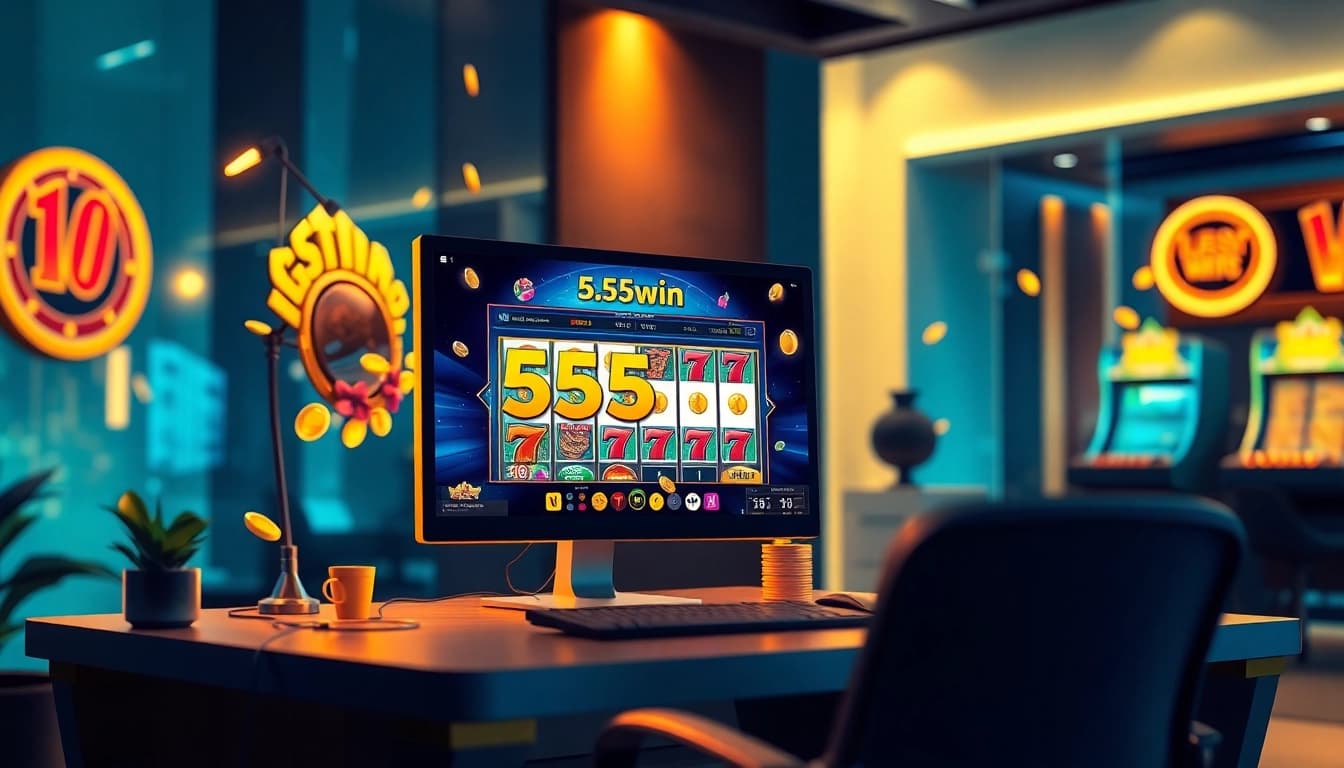 Experience the excitement of 555win in a vibrant online gaming environment featuring colorful slot machines.
