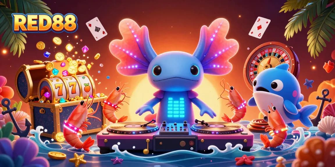 Spin winning slots at RED88 with vibrant underwater casino vibes and dynamic characters.