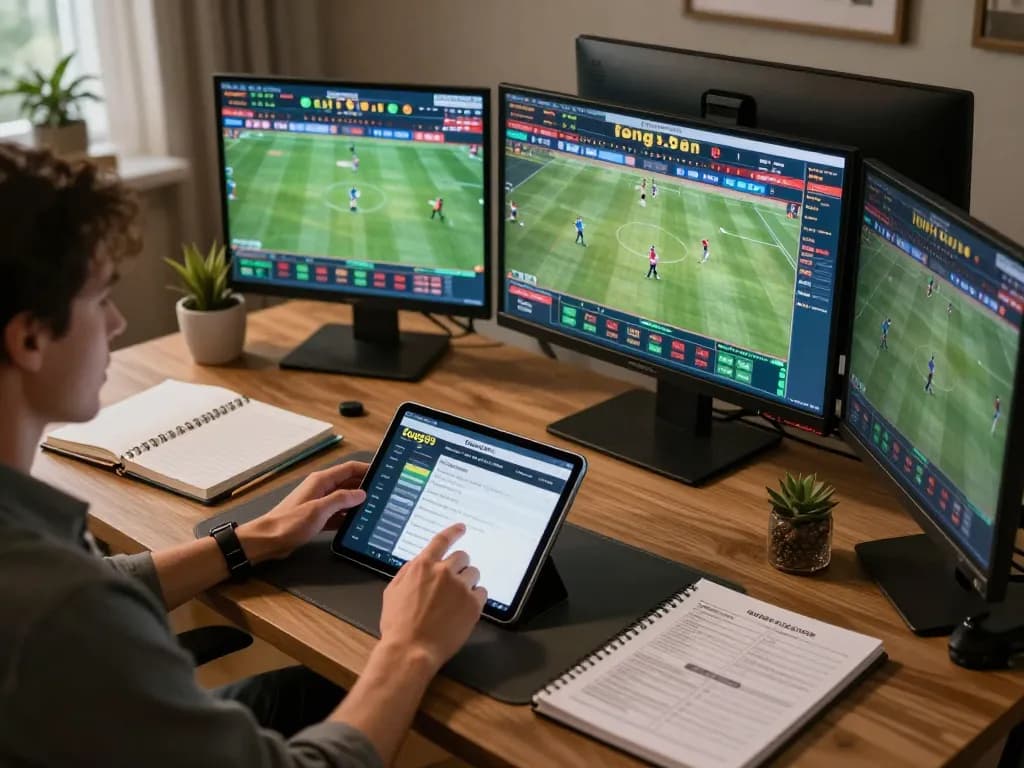 Engaging with bong99 betting app on a stylish home office desk during live sports events.