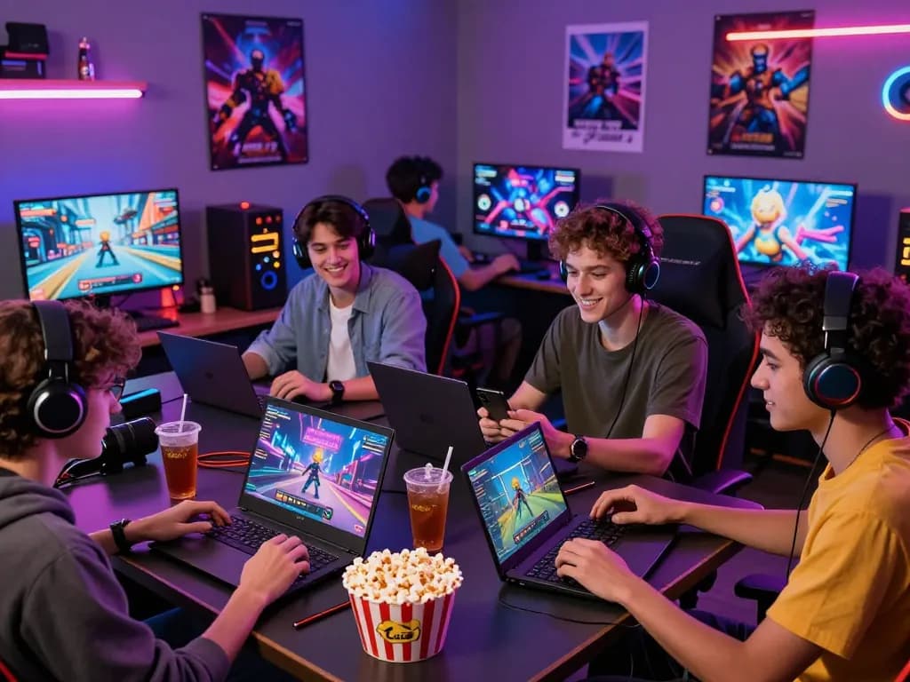 B52 Club vibrant gaming scene showcasing friends enjoying online games, link tải b52club mới nhất included.