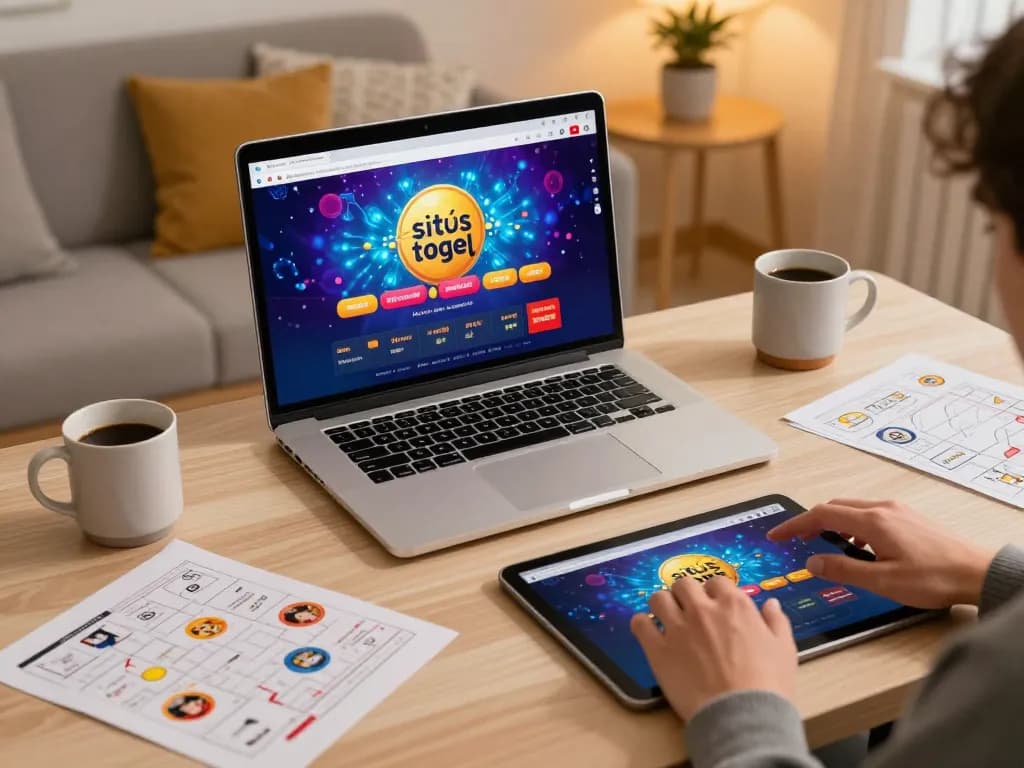 Permainan situs togel ditampilkan di laptop dengan elemen rumah yang nyaman, menunjukkan permainan yang bertanggung jawab.