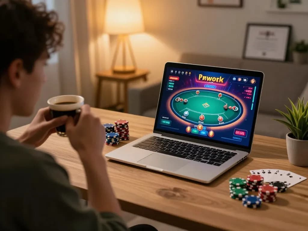 nk88 player immersed in online poker gaming session at home with cozy atmosphere