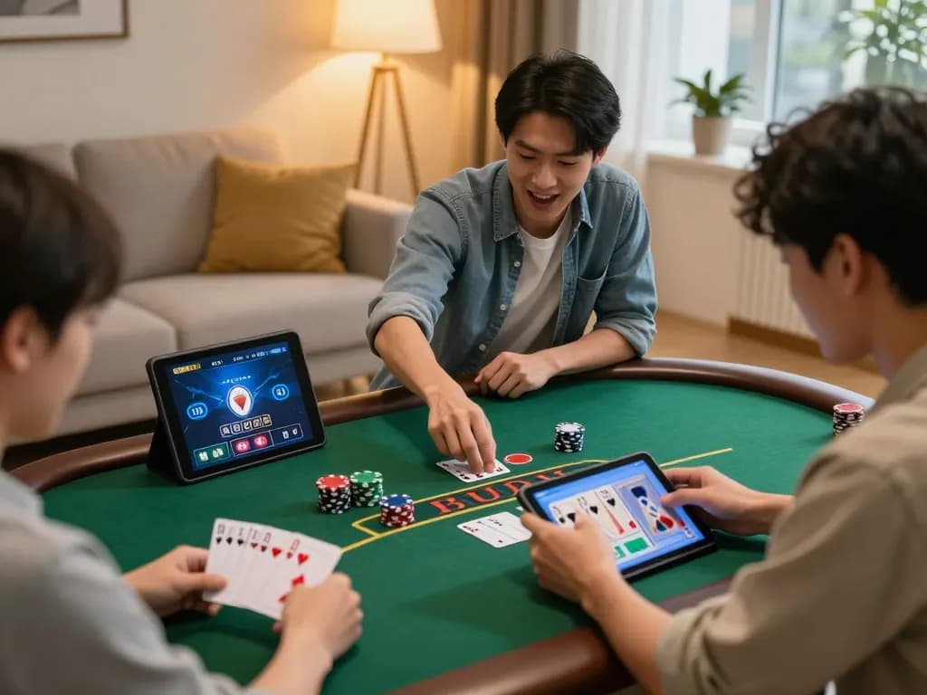 Players engaged in SC88 đăng ký blackjack online, showcasing home gaming setup and strategic gameplay.