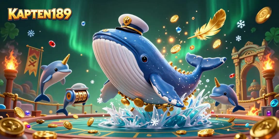 KAPTEN189 menghadirkan ilustrasi kreatif dengan paus kartun mengenakan jas kapten di lautan koin.
