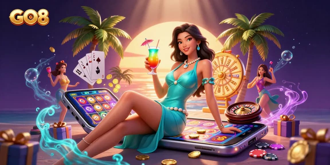 Experience the excitement at GO8 as dynamic elements surround a glamorous casino scene.